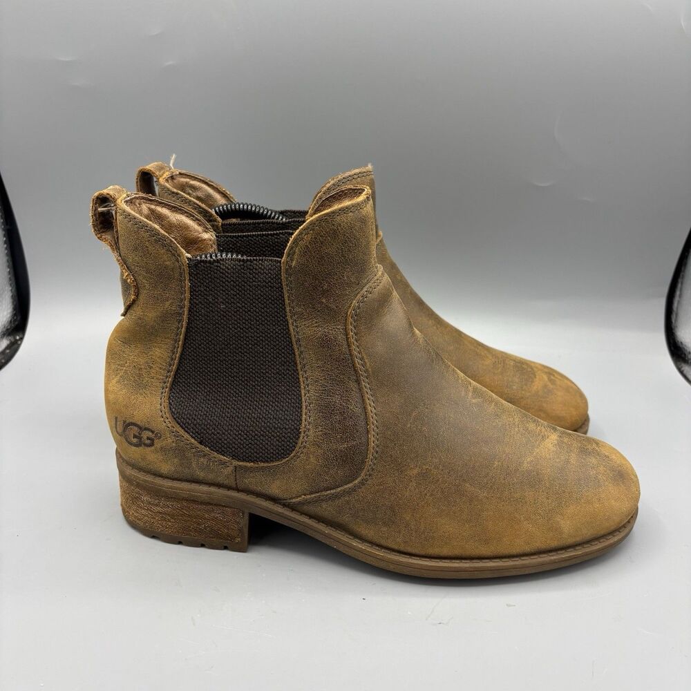 UGG Bonham Stout Brown Distressed Leather Chelsea Boots Women Wool Lined Size 8